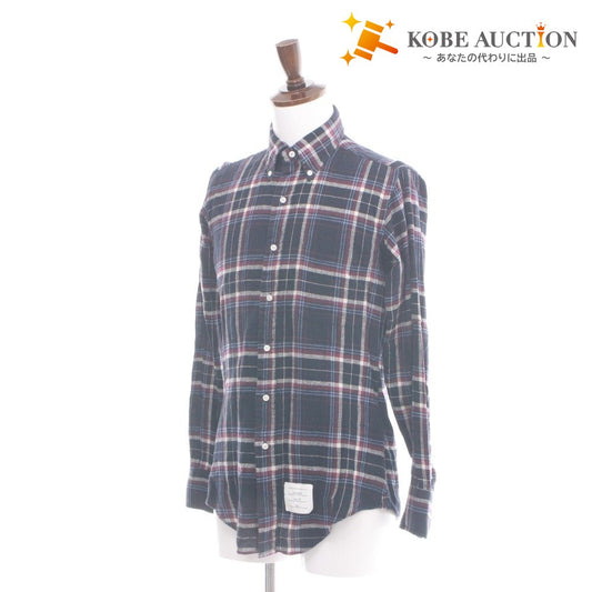 ■ THOM BROWNE トムブラウン シャツ トップス 長袖 襟 ボタン 胸ポケット チェック柄 コットン メンズ 1 ネイビー系