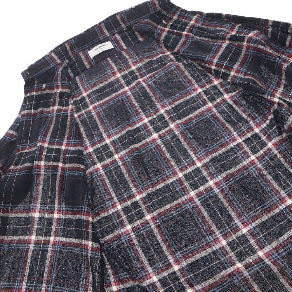 ■ THOM BROWNE トムブラウン シャツ トップス 長袖 襟 ボタン 胸ポケット チェック柄 コットン メンズ 1 ネイビー系