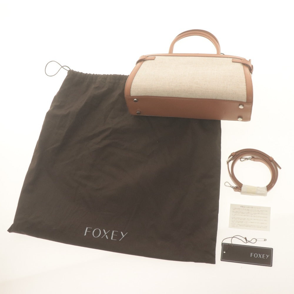 ■ フォクシー FOXEY ハンドバッグ ショルダー 鞄 2WAY イタリア製 牛革 リネン レディース ブラウン ライトベージュ系 未使用 付属品付き