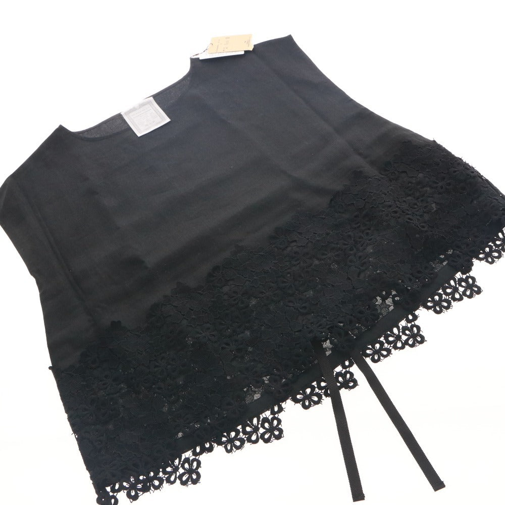 ■ ビアズリー BEARDSLEY ブラウス プルオーバー ノースリーブ トップス 裾レース リネン 麻 レディース F ブラック タグ付き 未使用