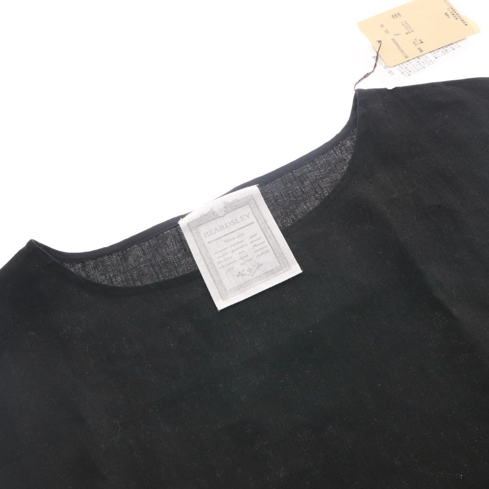 ■ ビアズリー BEARDSLEY ブラウス プルオーバー ノースリーブ トップス 裾レース リネン 麻 レディース F ブラック タグ付き 未使用