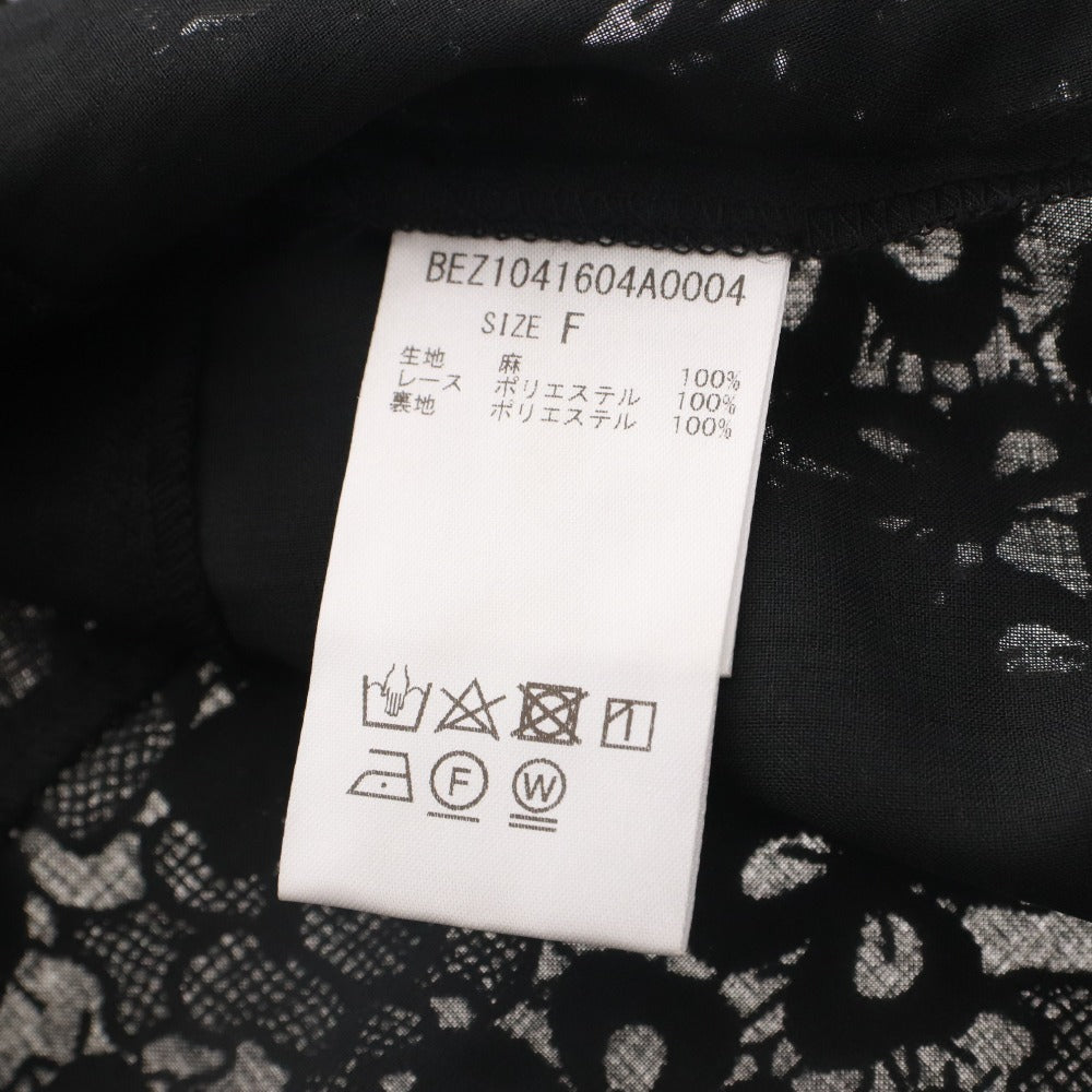 ■ ビアズリー BEARDSLEY ブラウス プルオーバー ノースリーブ トップス 裾レース リネン 麻 レディース F ブラック タグ付き 未使用