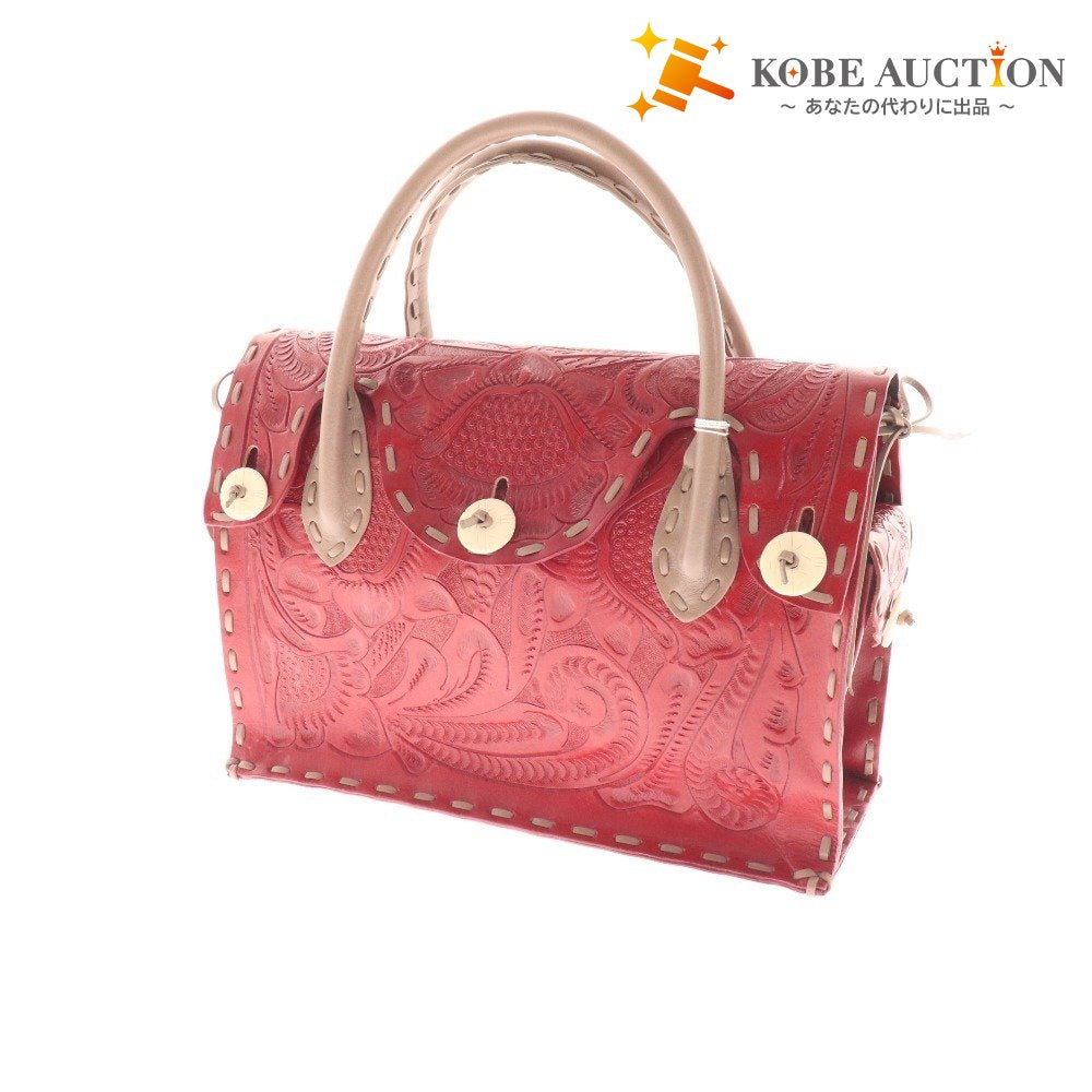 ■ GRACE CONTINENTAL Carving Tribes Handbag Bag Cowhide Ladies Red Accessories included Tags included Unused