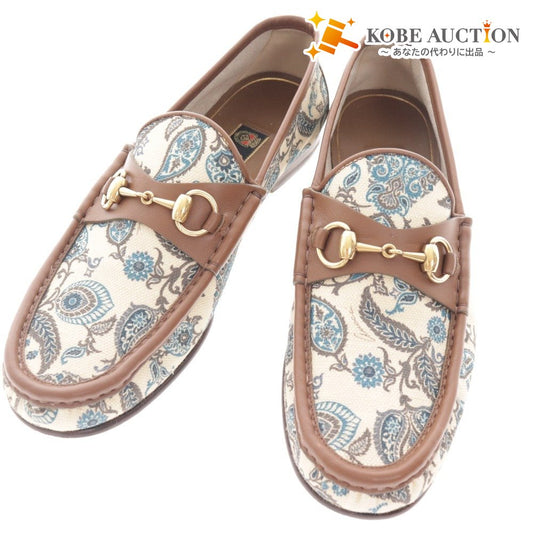 ■ グッチ ローファー 靴 ホースビット ゴールド金具 イタリア製 1953 総柄 メンズ 8 1/2 ブラウン ライトベージュ グリーン系