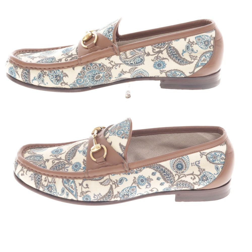 ■ グッチ ローファー 靴 ホースビット ゴールド金具 イタリア製 1953 総柄 メンズ 8 1/2 ブラウン ライトベージュ グリーン系