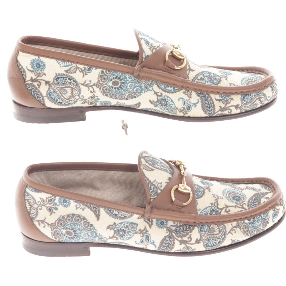 ■ グッチ ローファー 靴 ホースビット ゴールド金具 イタリア製 1953 総柄 メンズ 8 1/2 ブラウン ライトベージュ グリーン系