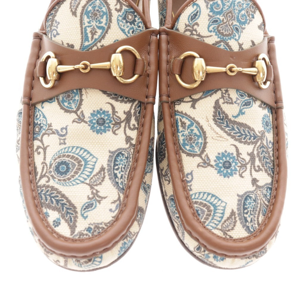 ■ グッチ ローファー 靴 ホースビット ゴールド金具 イタリア製 1953 総柄 メンズ 8 1/2 ブラウン ライトベージュ グリーン系