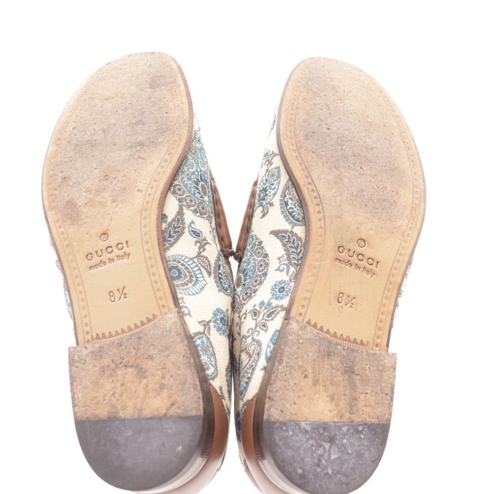 ■ グッチ ローファー 靴 ホースビット ゴールド金具 イタリア製 1953 総柄 メンズ 8 1/2 ブラウン ライトベージュ グリーン系