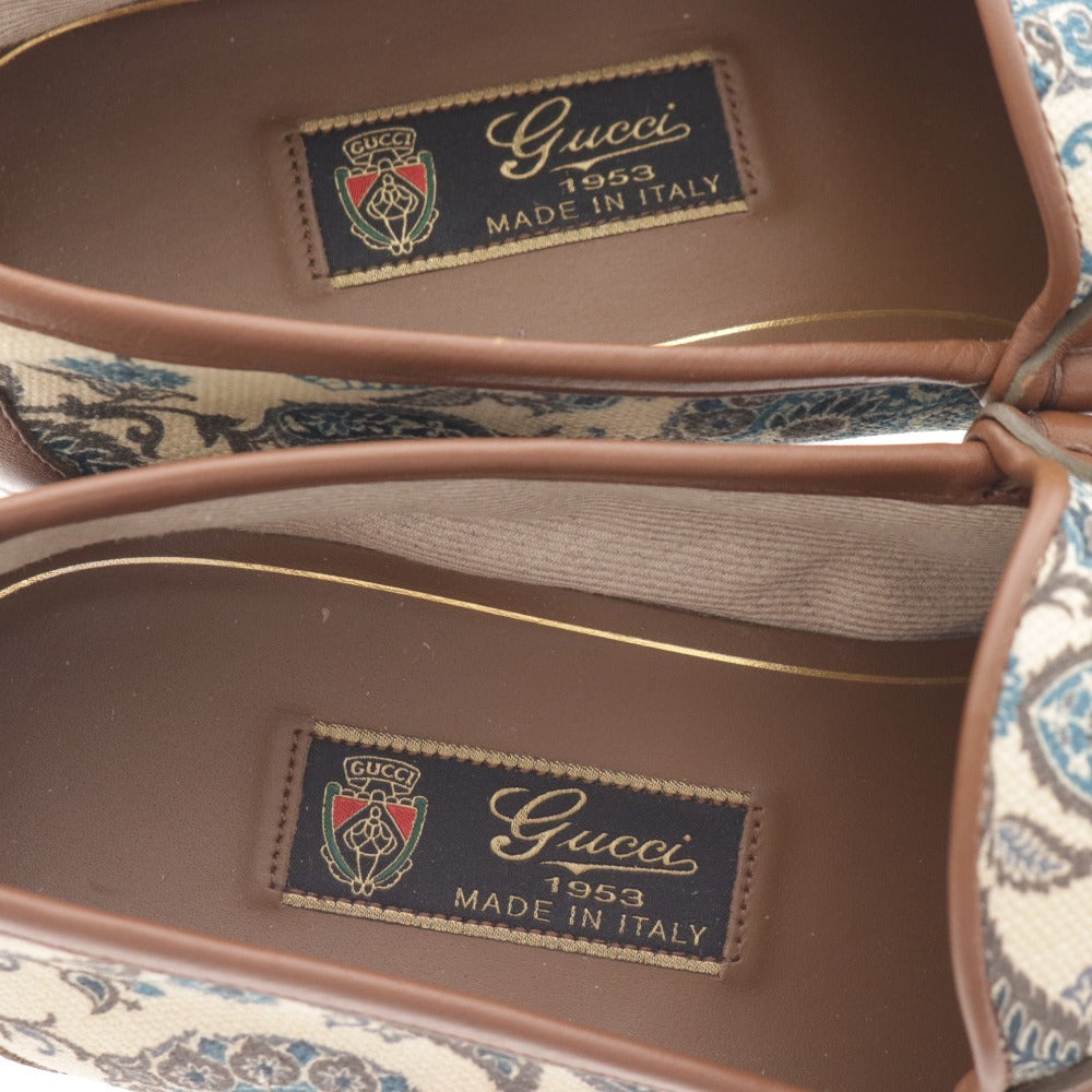 ■ グッチ ローファー 靴 ホースビット ゴールド金具 イタリア製 1953 総柄 メンズ 8 1/2 ブラウン ライトベージュ グリーン系