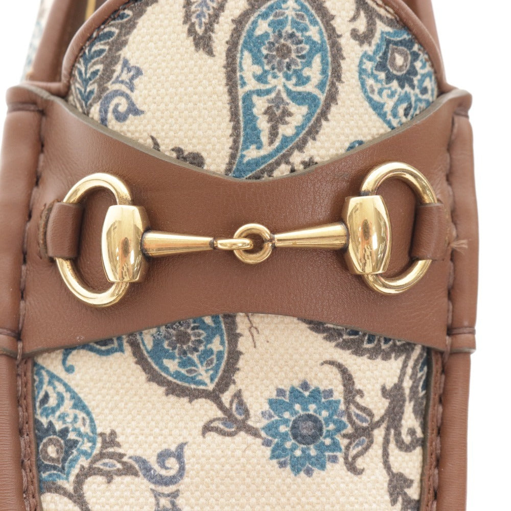 ■ グッチ ローファー 靴 ホースビット ゴールド金具 イタリア製 1953 総柄 メンズ 8 1/2 ブラウン ライトベージュ グリーン系