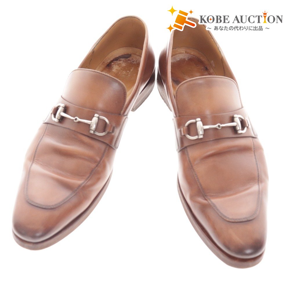 ■ グッチ ローファー 459301 靴 ローカット ホースビット 金具 メンズ 8 1/2 ブラウン