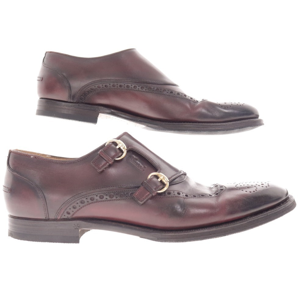 ■ Gucci coin loafers shoes saddle belt gold hardware logo men's size 42 1/2 E burgundy dark brown accessories included