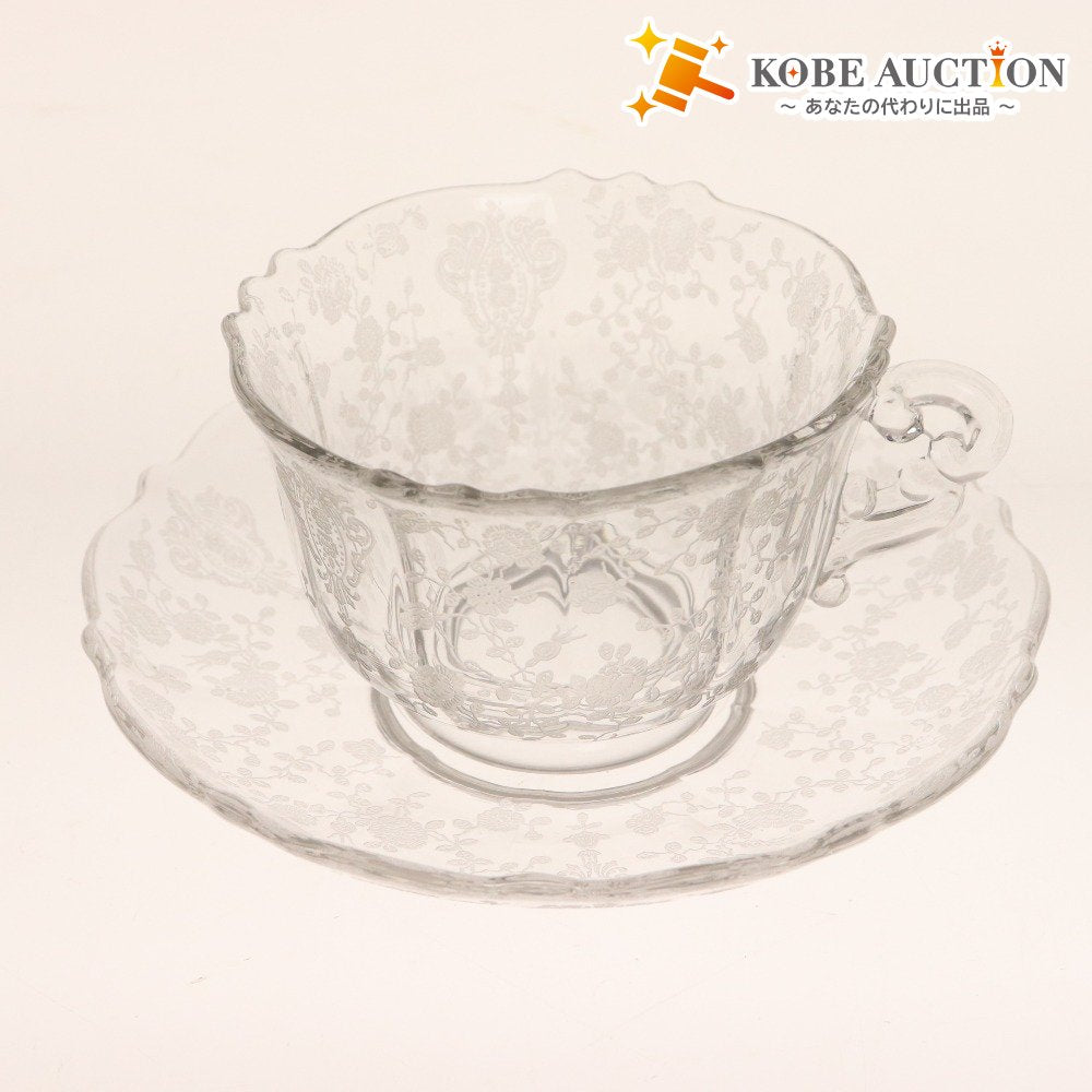 ■ Cambridge Cup &amp; Saucer Rose Point Rose Etching Crystal Tableware Glass Antique