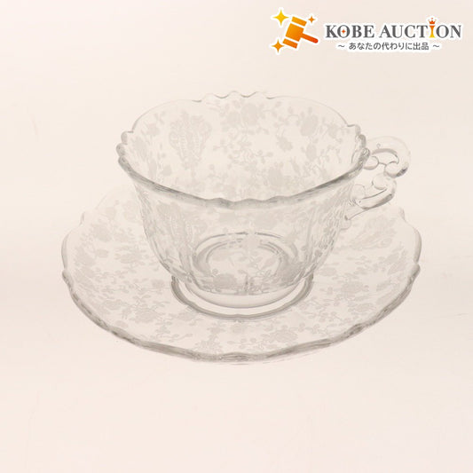 ■ Cambridge Cup &amp; Saucer Rose Point Rose Etching Crystal Tableware Glass Antique