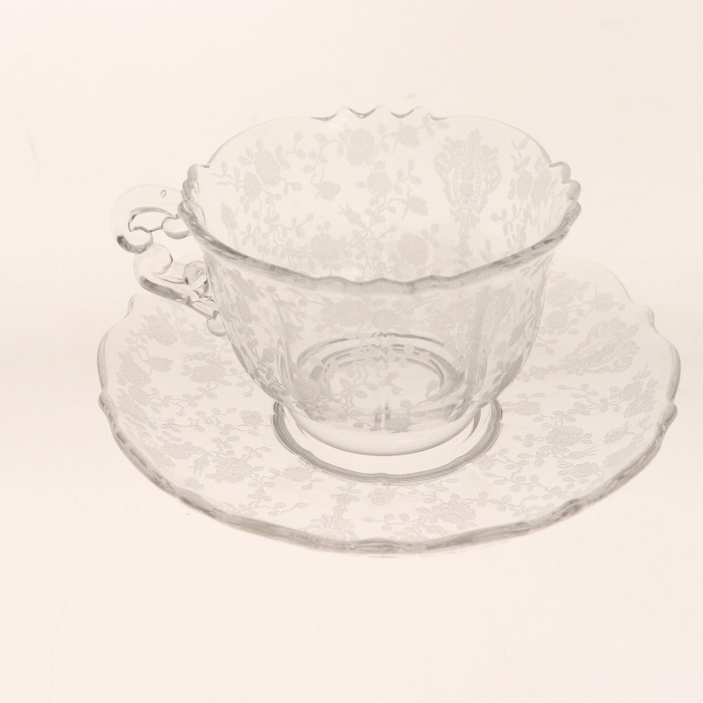 ■ Cambridge Cup &amp; Saucer Rose Point Rose Etching Crystal Tableware Glass Antique