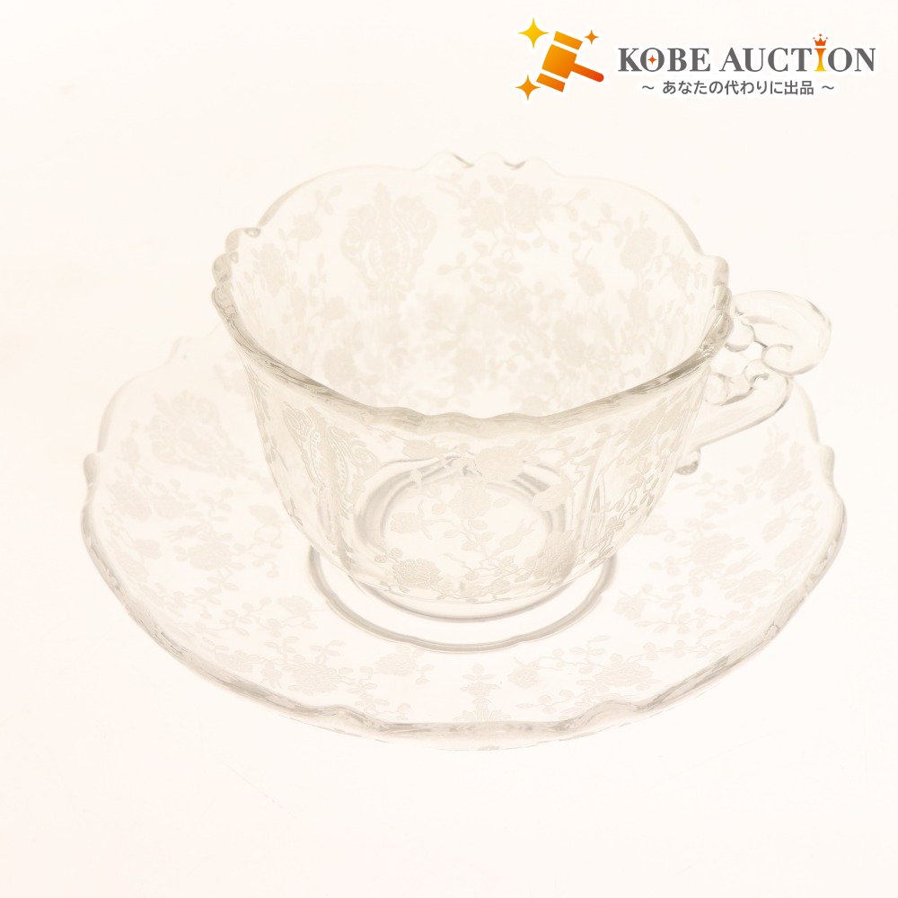 ■ Cambridge Glass Cup &amp; Saucer Rose Point Rose Etching Crystal Tableware Glass Antique