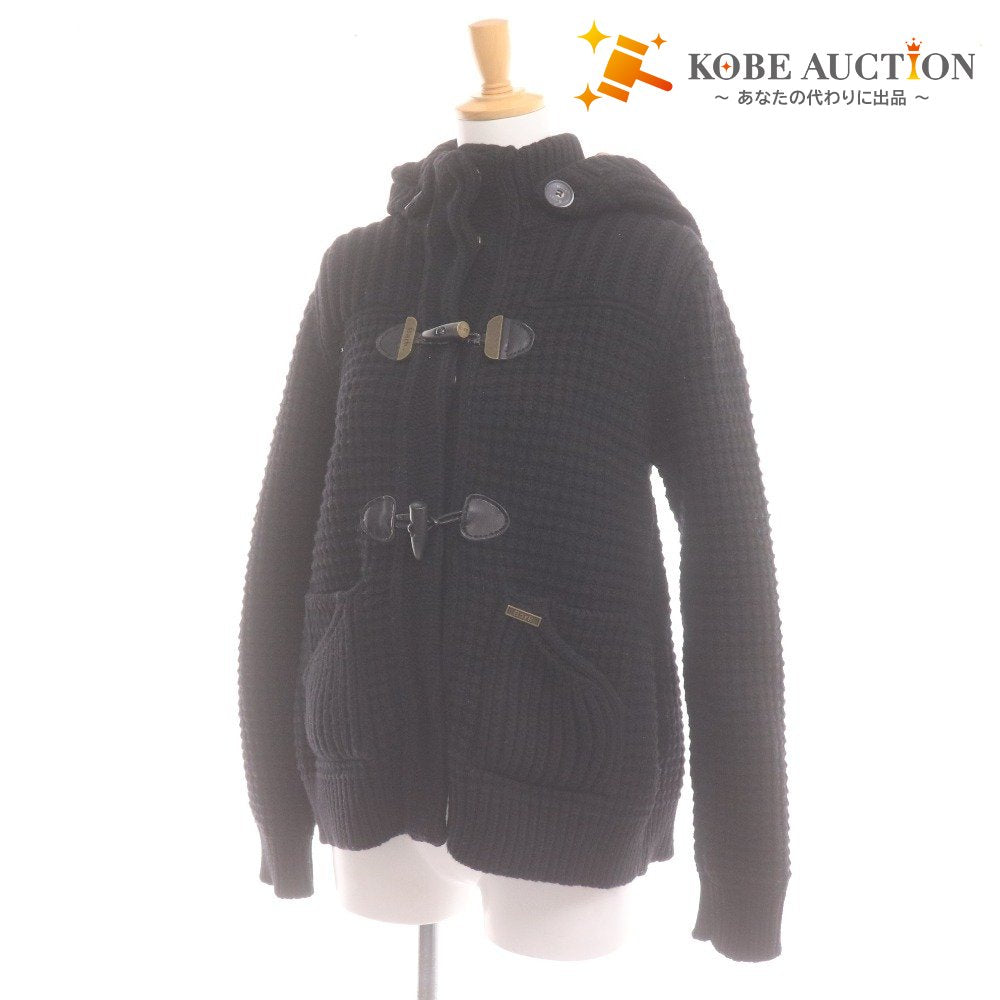 ■ バーク カーディガン ダッフルコート 長袖 ジャケット アウター フード 取り外し式 ボタン ロゴ イタリア製 レディース S ブラック