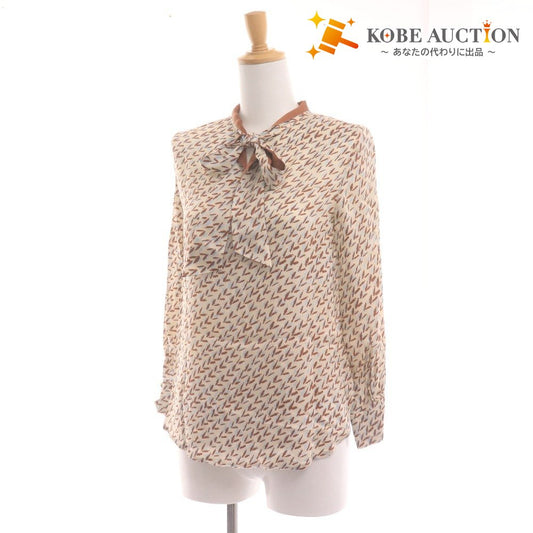 ■ ANAYI アナイ ボウタイシャツ 半袖 トップス プルオーバー 襟 総柄 日本製 レディース 36 ライトベージュ ブラウン ライトブルー