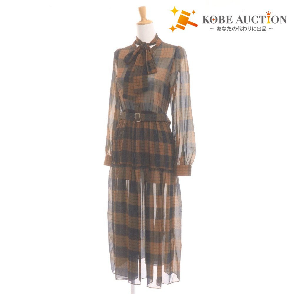 ■ ダイアグラム ロングワンピース 長袖 トップス ボウタイ 着脱式 フロントボタン チェック柄 ベルト レディース 36 ブラウン ネイビー