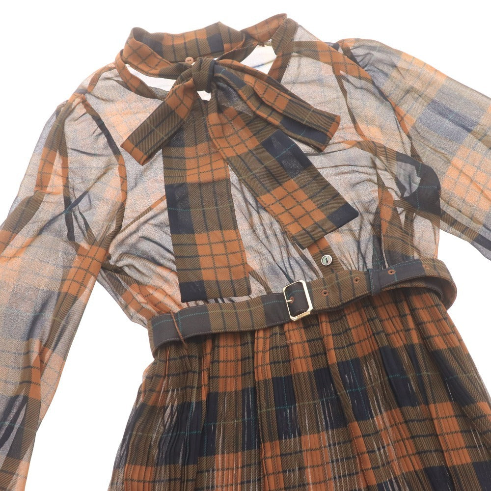 ■ ダイアグラム ロングワンピース 長袖 トップス ボウタイ 着脱式 フロントボタン チェック柄 ベルト レディース 36 ブラウン ネイビー