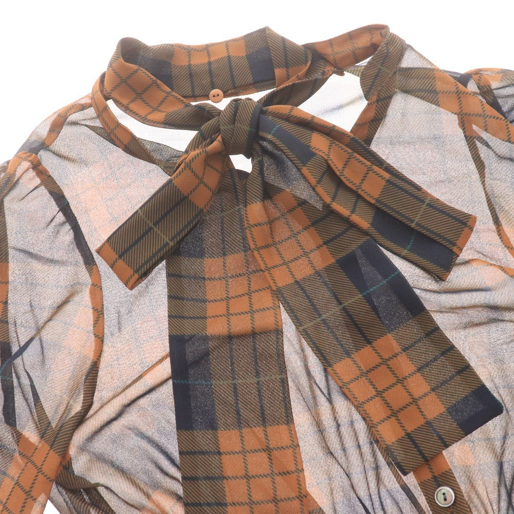 ■ ダイアグラム ロングワンピース 長袖 トップス ボウタイ 着脱式 フロントボタン チェック柄 ベルト レディース 36 ブラウン ネイビー