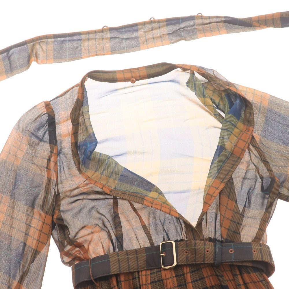 ■ ダイアグラム ロングワンピース 長袖 トップス ボウタイ 着脱式 フロントボタン チェック柄 ベルト レディース 36 ブラウン ネイビー