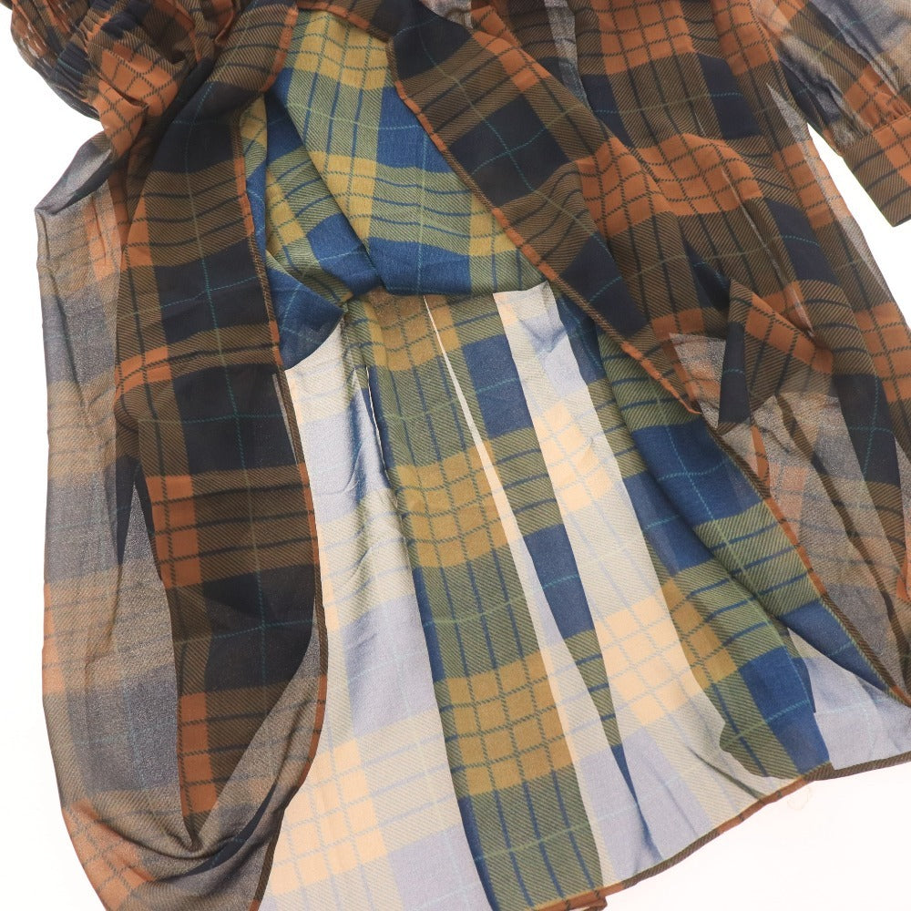 ■ ダイアグラム ロングワンピース 長袖 トップス ボウタイ 着脱式 フロントボタン チェック柄 ベルト レディース 36 ブラウン ネイビー