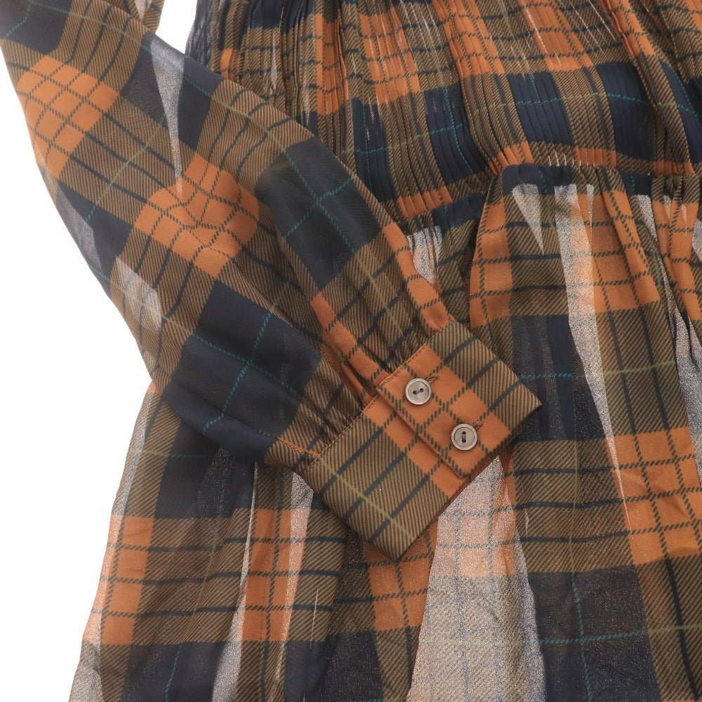 ■ ダイアグラム ロングワンピース 長袖 トップス ボウタイ 着脱式 フロントボタン チェック柄 ベルト レディース 36 ブラウン ネイビー