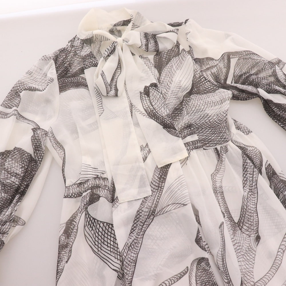 ■ SNIDEL スナイデル ロングワンピース 長袖 トップス マキシ丈 ボウタイ 襟 花柄 レディース 0 ホワイト ブラック