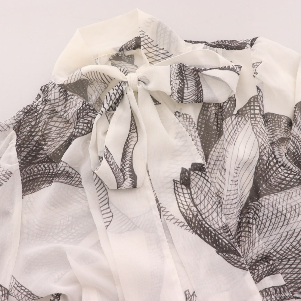 ■ SNIDEL スナイデル ロングワンピース 長袖 トップス マキシ丈 ボウタイ 襟 花柄 レディース 0 ホワイト ブラック