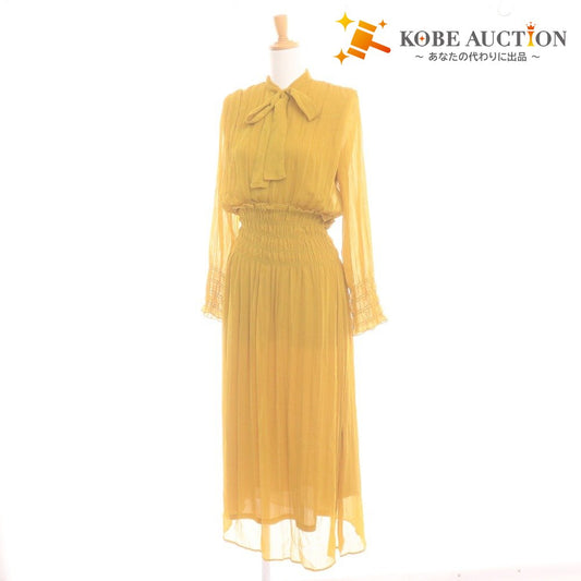 ■ ZARA ザラ ロングワンピース ドレス 長袖 トップス マキシ丈 ボウタイ 襟 レディース XS イエロー