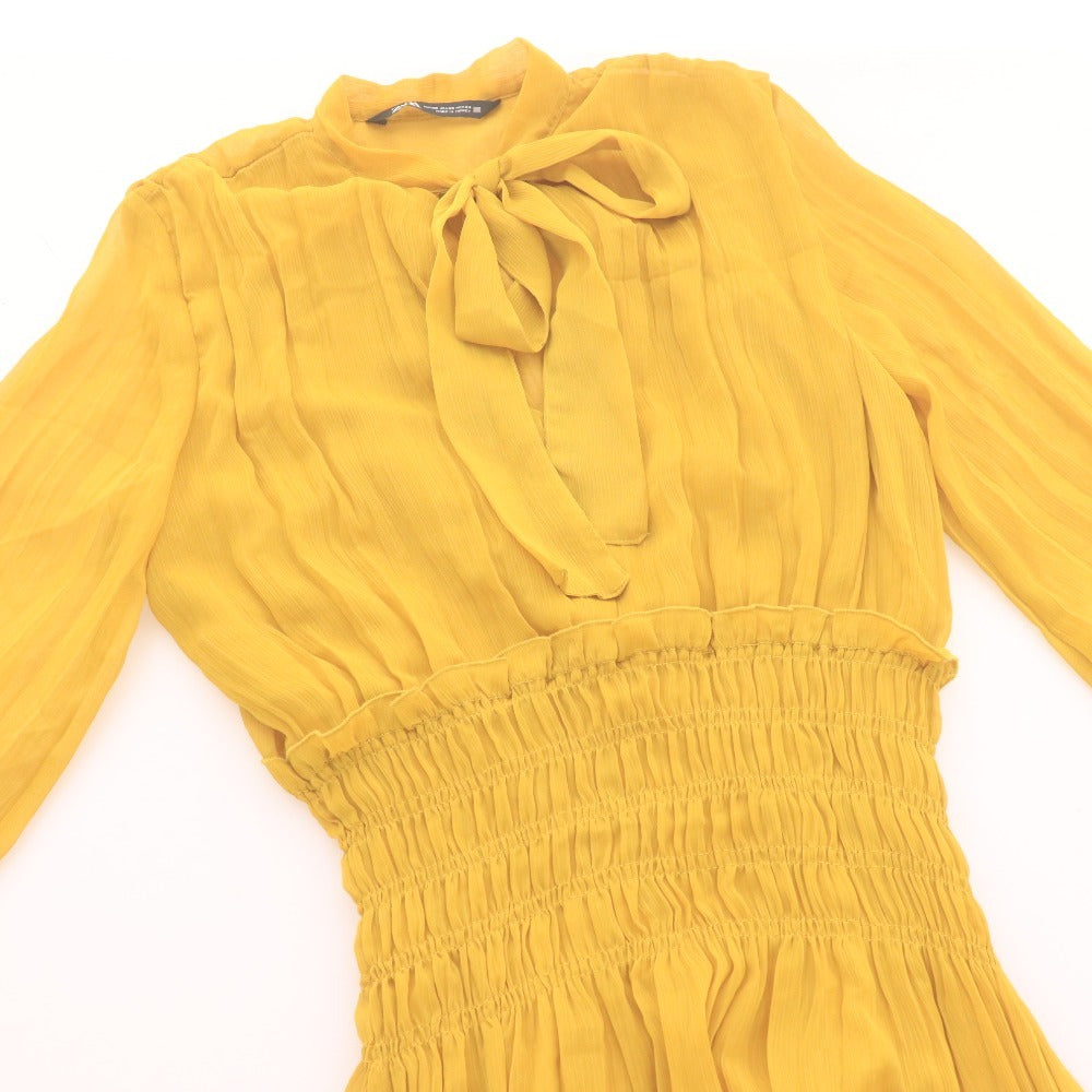 ■ ZARA ザラ ロングワンピース ドレス 長袖 トップス マキシ丈 ボウタイ 襟 レディース XS イエロー