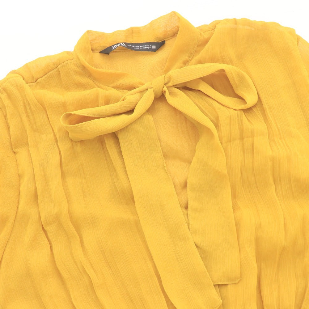 ■ ZARA ザラ ロングワンピース ドレス 長袖 トップス マキシ丈 ボウタイ 襟 レディース XS イエロー