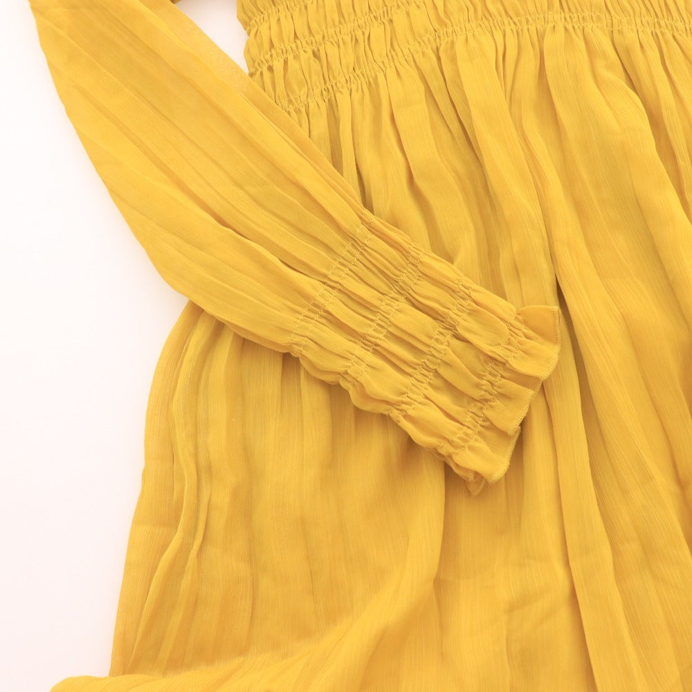 ■ ZARA ザラ ロングワンピース ドレス 長袖 トップス マキシ丈 ボウタイ 襟 レディース XS イエロー