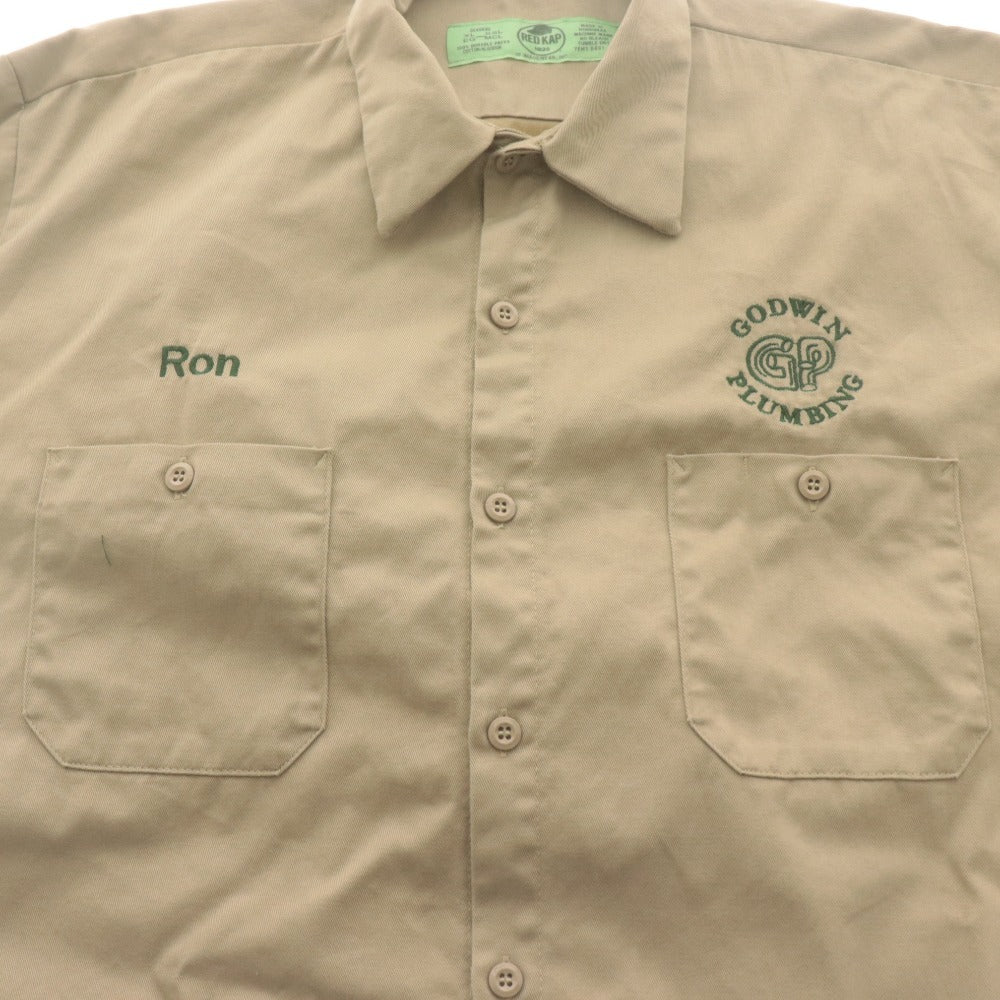 ■ RED KAP Work Shirt Short Sleeve Top Outerwear Godwin Plumbing Ron Logo Front Button Cotton Men's XL Light Beige