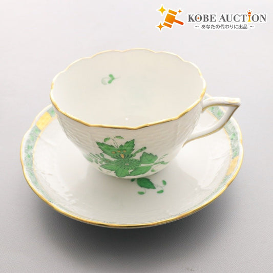 ■ Herend ヘレンド カップ ソーサー 1客セット ハプルブルクの華 洋食器 ホワイト グリーン 箱付き