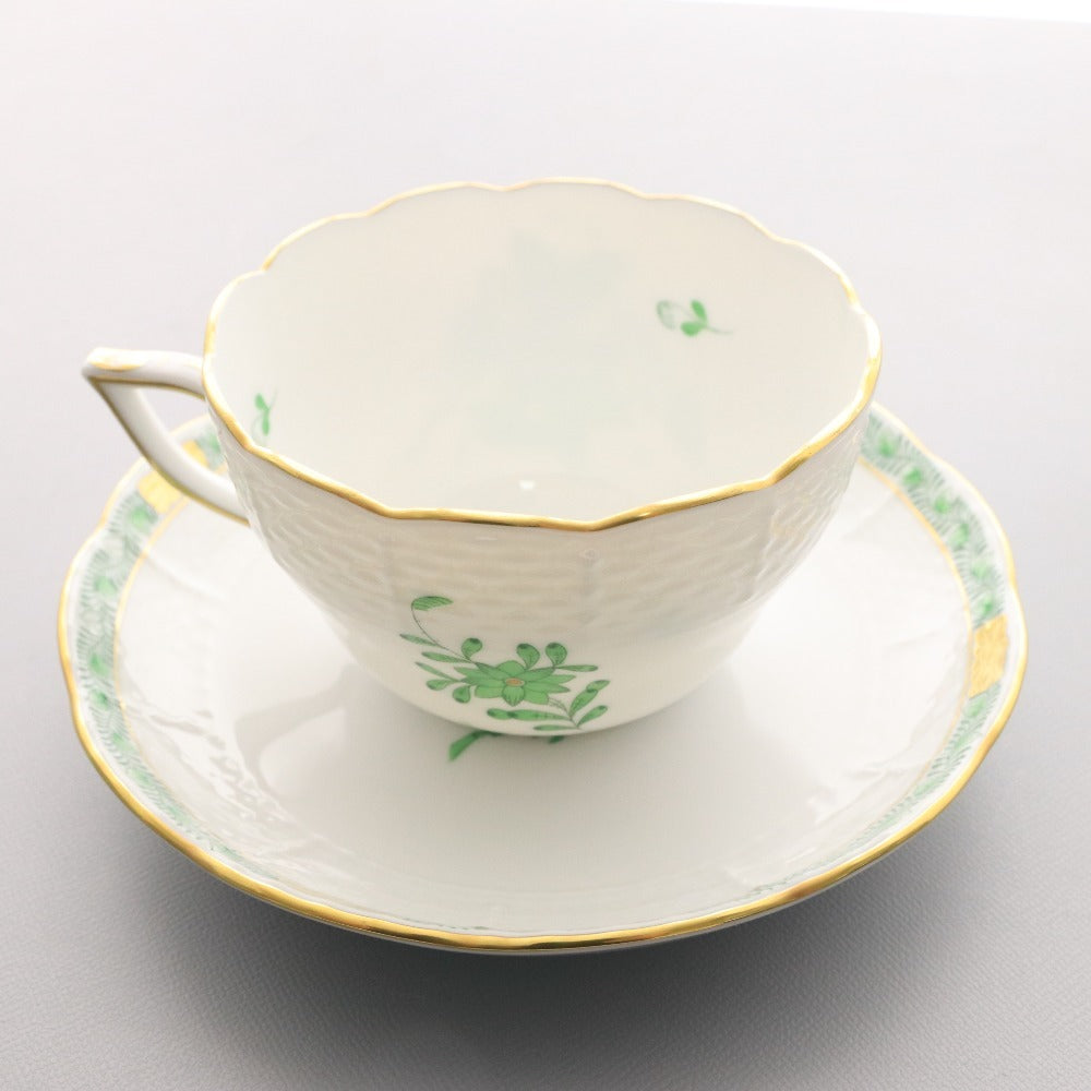 ■ Herend ヘレンド カップ ソーサー 1客セット ハプルブルクの華 洋食器 ホワイト グリーン 箱付き