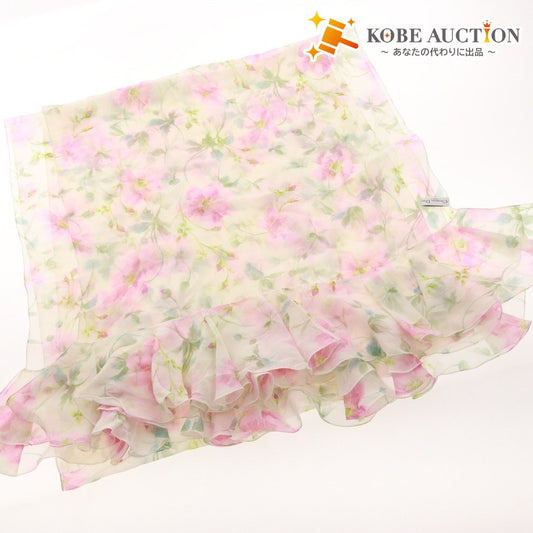 ■ クリスチャンディオール ストール 大判スカーフ 花柄 フラワー フリル フランス製 シルク100％ レディース ピンク アイボリー系