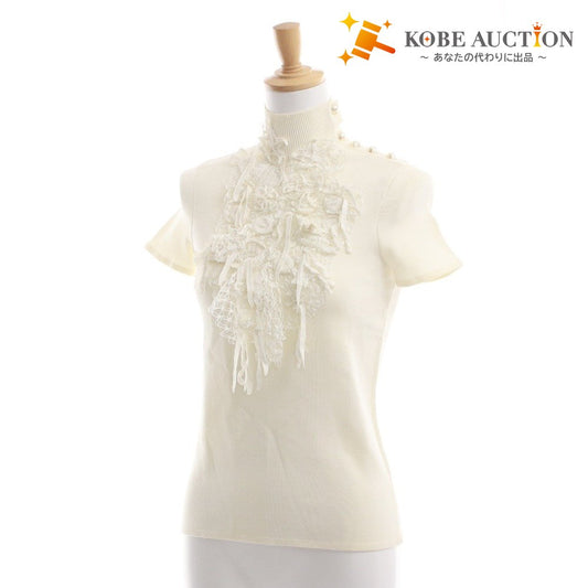 ■ シャネル ニット 半袖 トップス レース ビジュー パールボタン レディース 34 (XS相当) ホワイト タグ付き 未使用