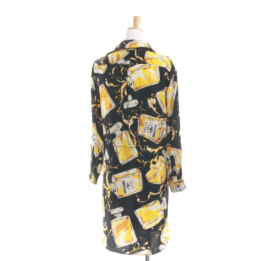 ■ モスキーノ MOSCHINO ワンピース シャツワンピース 長袖 香水柄 総柄 シルク100％ レディース 38 ブラック イエロー