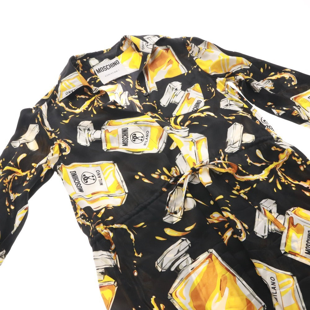 ■ モスキーノ MOSCHINO ワンピース シャツワンピース 長袖 香水柄 総柄 シルク100％ レディース 38 ブラック イエロー