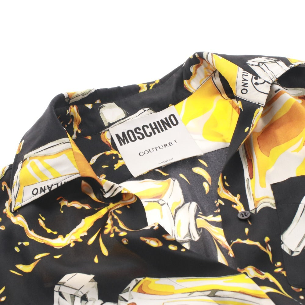 ■ モスキーノ MOSCHINO ワンピース シャツワンピース 長袖 香水柄 総柄 シルク100％ レディース 38 ブラック イエロー