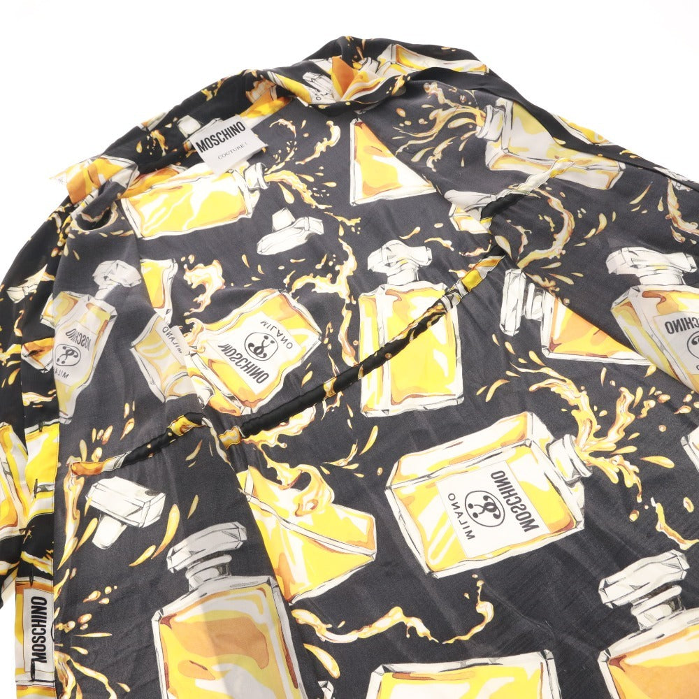 ■ モスキーノ MOSCHINO ワンピース シャツワンピース 長袖 香水柄 総柄 シルク100％ レディース 38 ブラック イエロー