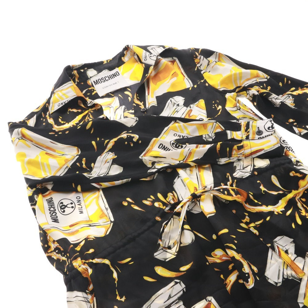 ■ モスキーノ MOSCHINO ワンピース シャツワンピース 長袖 香水柄 総柄 シルク100％ レディース 38 ブラック イエロー