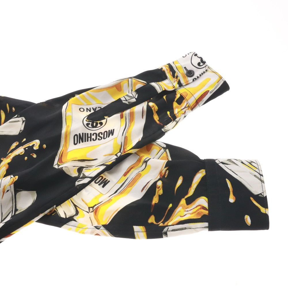 ■ モスキーノ MOSCHINO ワンピース シャツワンピース 長袖 香水柄 総柄 シルク100％ レディース 38 ブラック イエロー