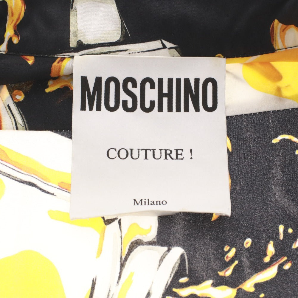 ■ モスキーノ MOSCHINO ワンピース シャツワンピース 長袖 香水柄 総柄 シルク100％ レディース 38 ブラック イエロー