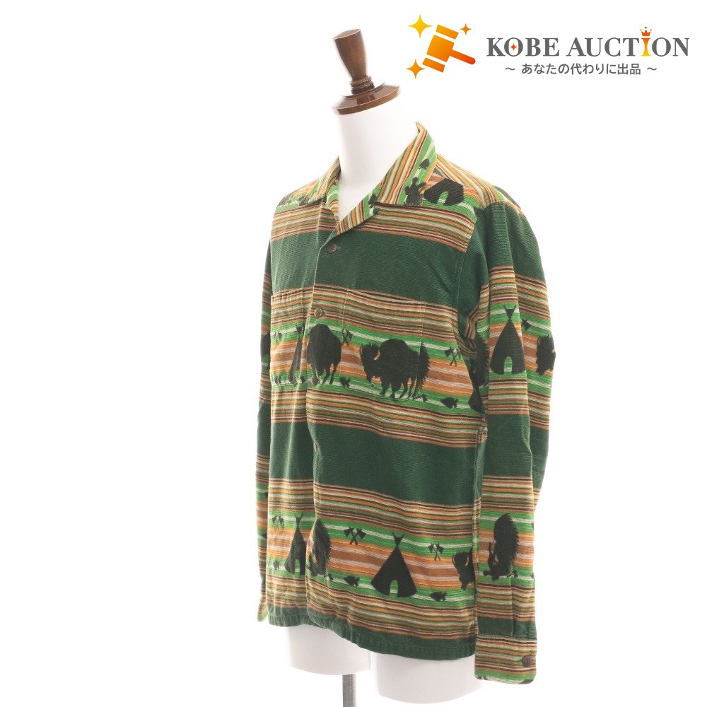 ■ インディアン シャツ 長袖 トップス 総柄 メンズ M グリーン ブラウン
