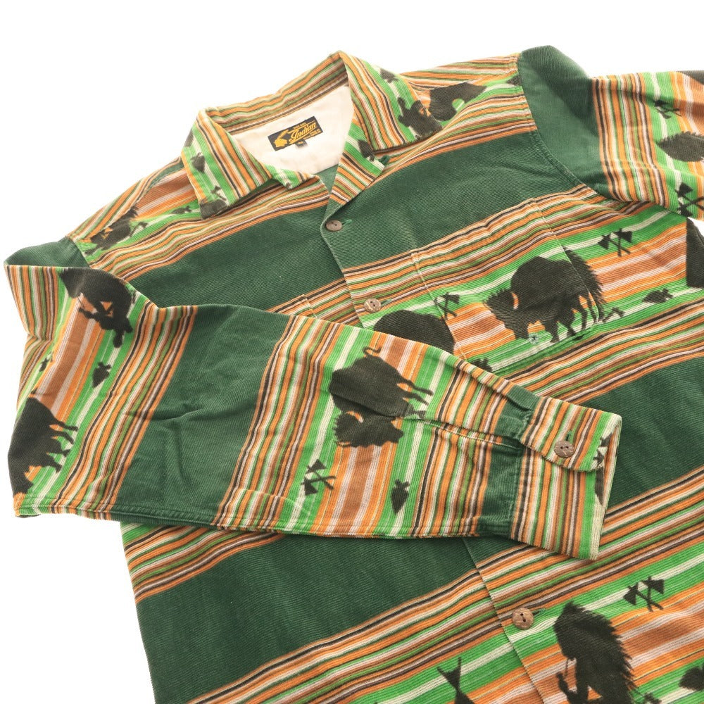 ■ インディアン シャツ 長袖 トップス 総柄 メンズ M グリーン ブラウン