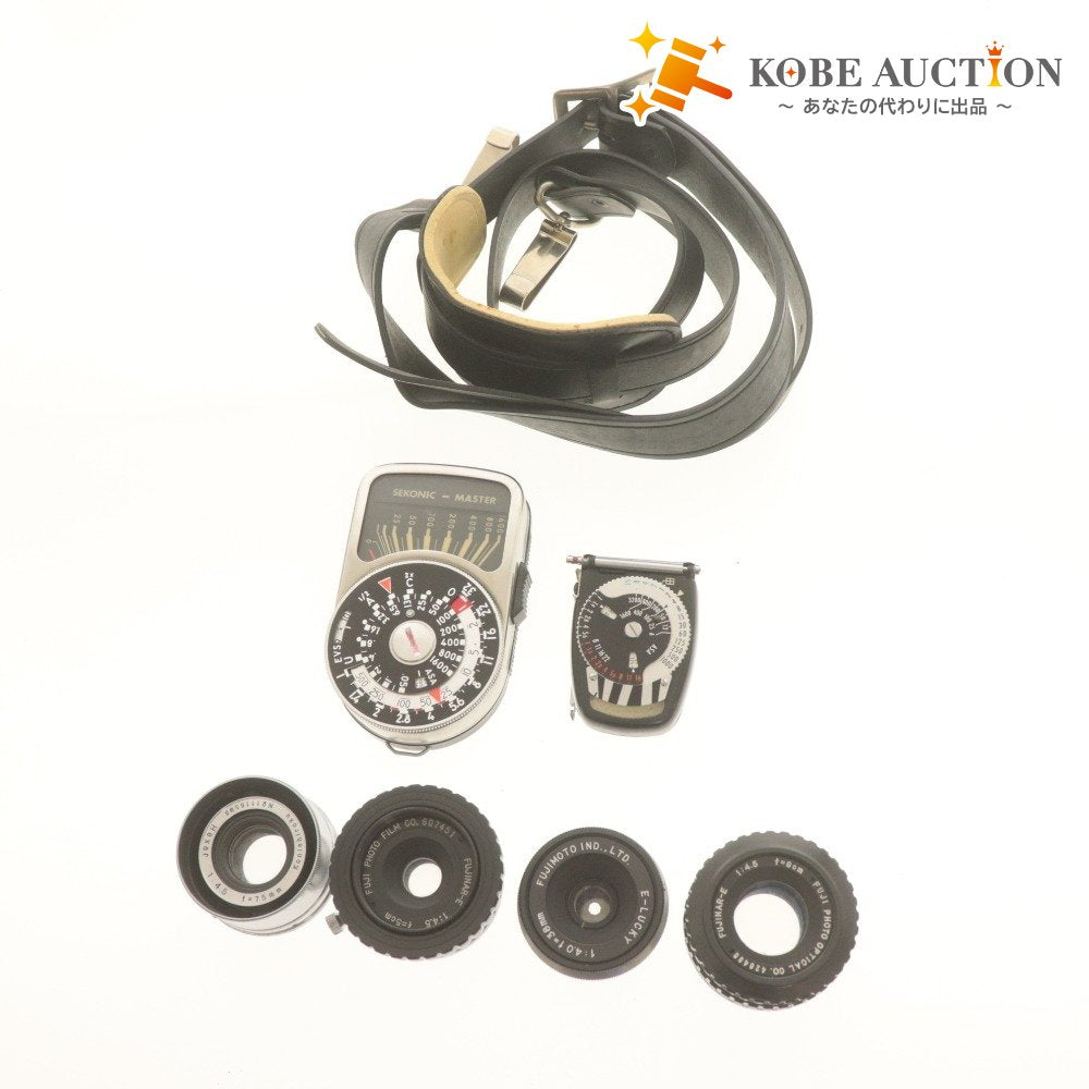 ■ 4-piece camera lens set (bulk sale) E-LUCKY 1:4.0 f=38mm, FUJINAR-E Hexar 1:4.5 f=9cm, 5cm, 75mm, with accessories, light meter, and belt