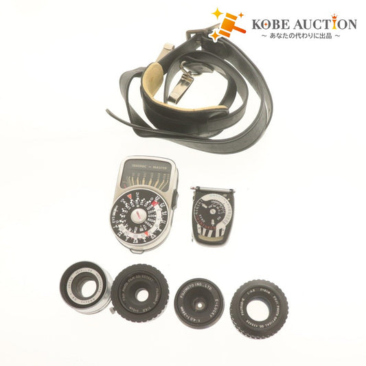 ■ 4-piece camera lens set (bulk sale) E-LUCKY 1:4.0 f=38mm, FUJINAR-E Hexar 1:4.5 f=9cm, 5cm, 75mm, with accessories, light meter, and belt